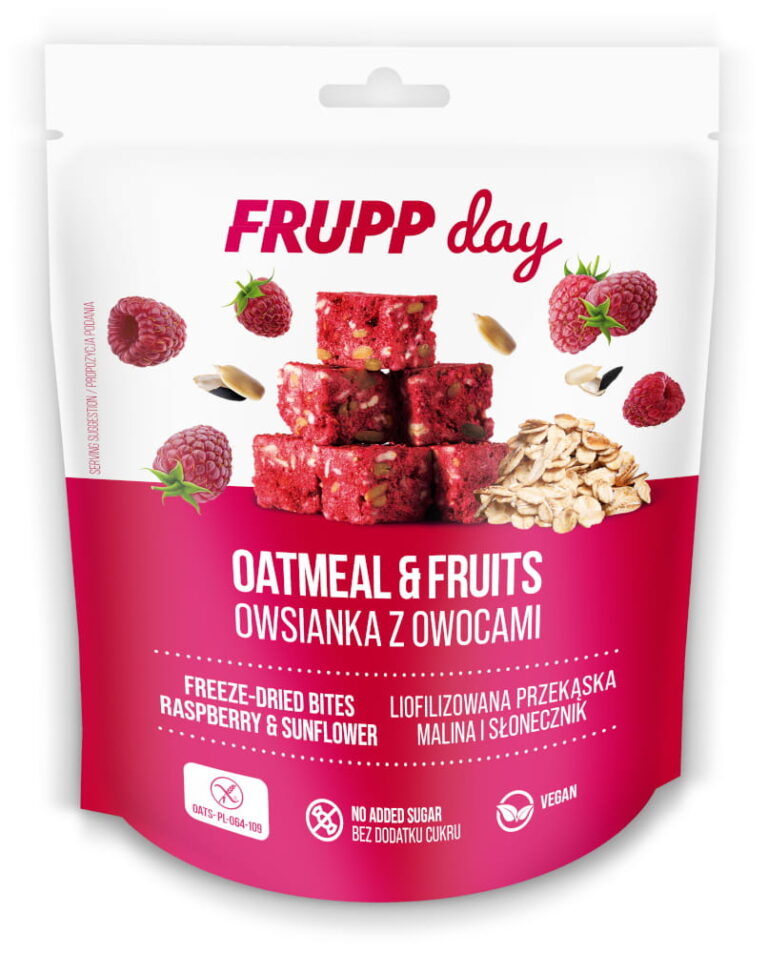 Frupp Day kocka snack falatok zabpehellyel és liofilizált málnával, napraforgómaggal 25g